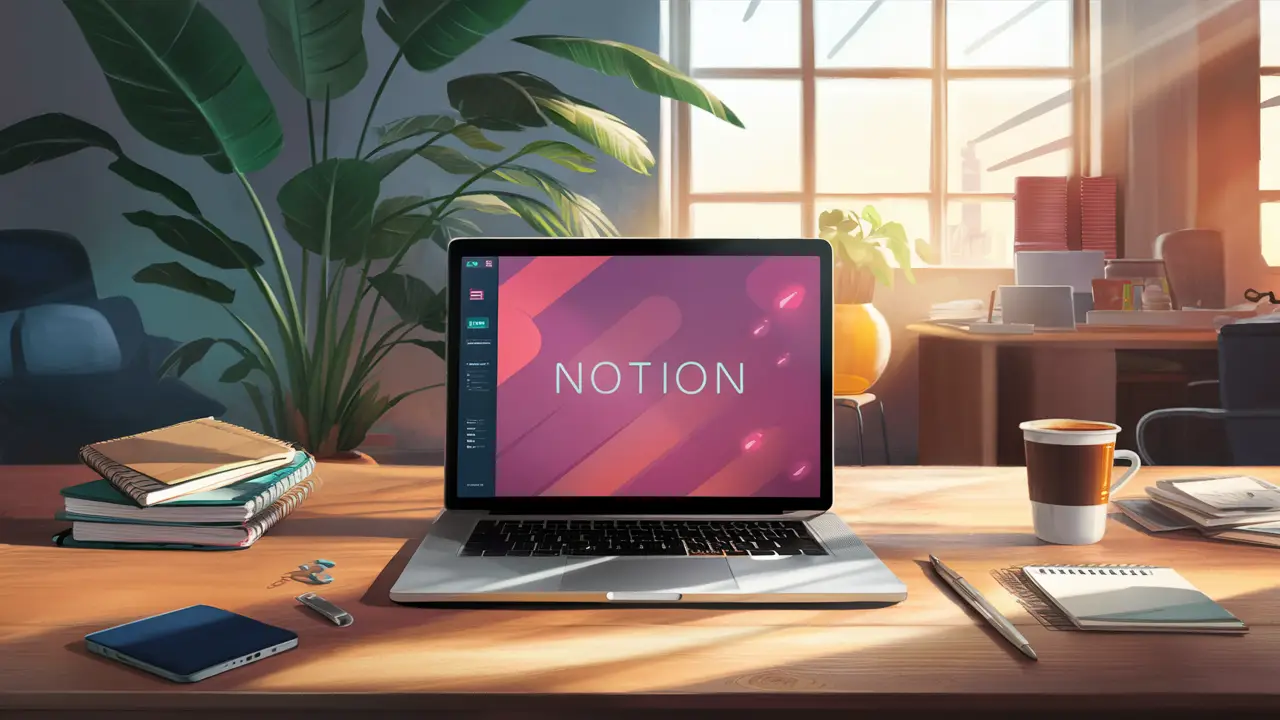 Laptop com o aplicativo Notion aberto em uma mesa de escritório com caderno, xícara de café e planta ao fundo.