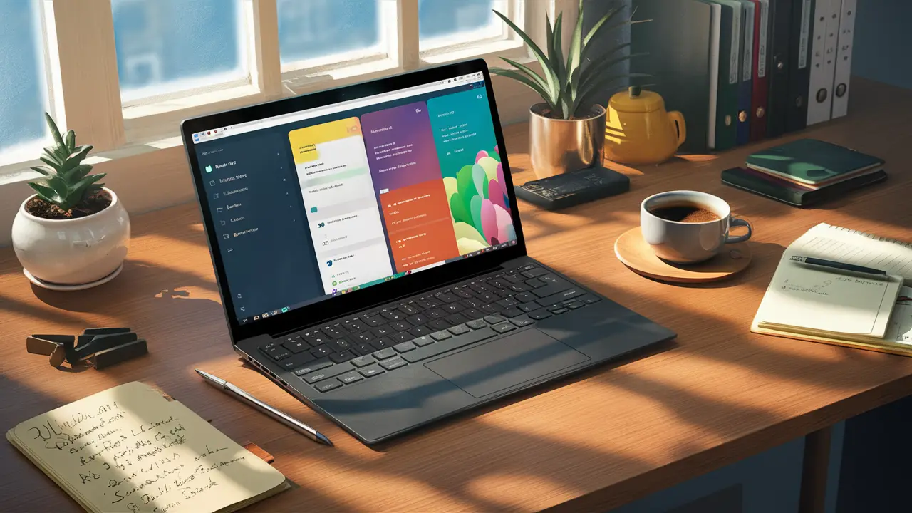 Laptop com dashboard colorido do Notion, caderno com anotações, planta em vaso branco e xícara de café em mesa de escritório.