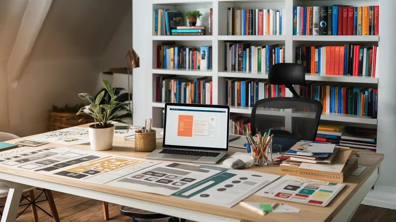 Mesa de trabalho com papéis de design, laptop com Notion, planta pequena, e estante de livros coloridos ao fundo.