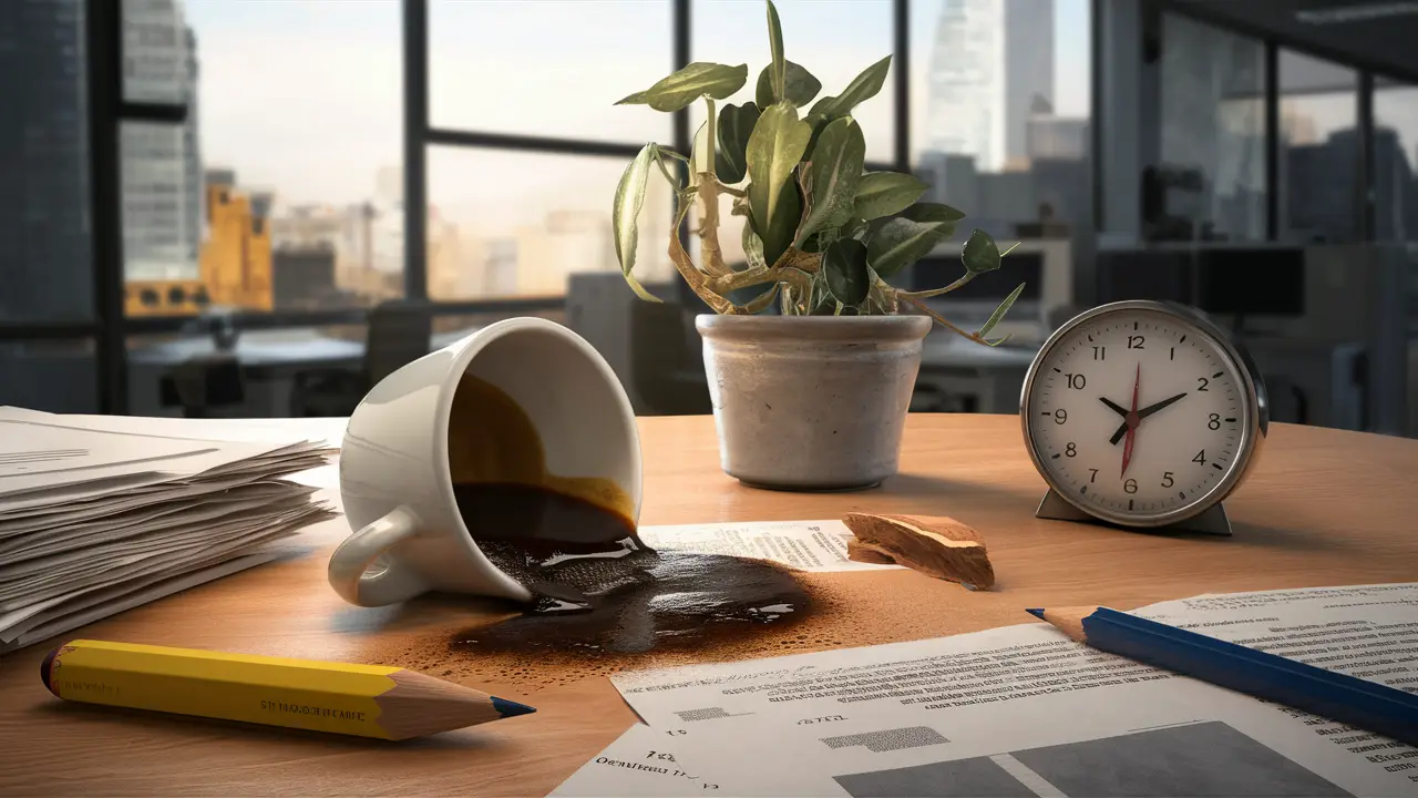 Desk de escritório com café derramado, pilha de papéis caída, lápis quebrado, relógio marcando 15h e planta inclinada.