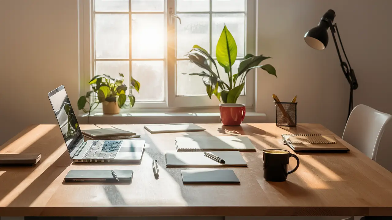 Escritório minimalista com mesa organizada, laptop, caderno, caneta e planta sob a luz do sol.