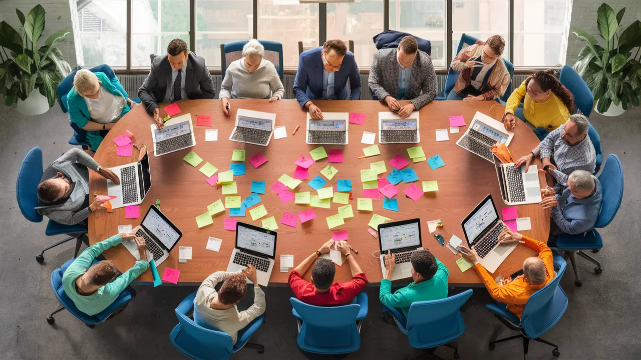Pessoas diversas em um escritório moderno, reunidas ao redor de uma mesa de madeira grande com laptops e notas adesivas coloridas.