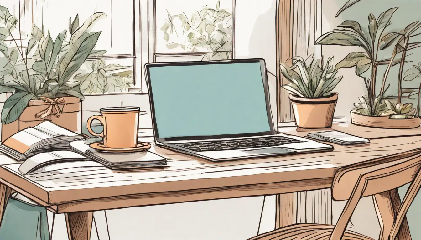 Um escritório moderno com uma mesa de madeira clara, laptop, agenda, xícara de café, plantas pequenas e canetas, com luz natural entrando pela janela ao fundo.