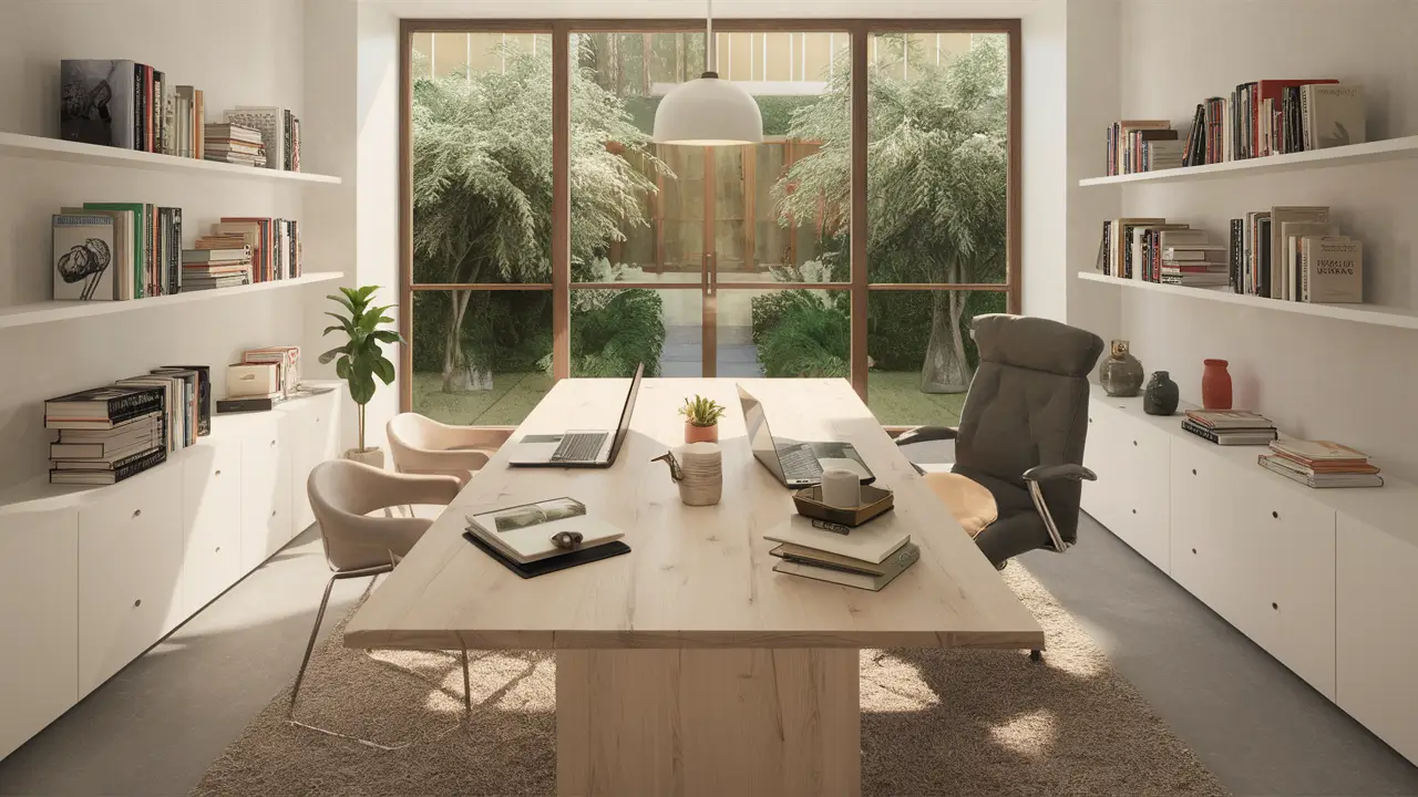 Escritório moderno com mesa de madeira, laptop, planta e janela com vista para jardim.