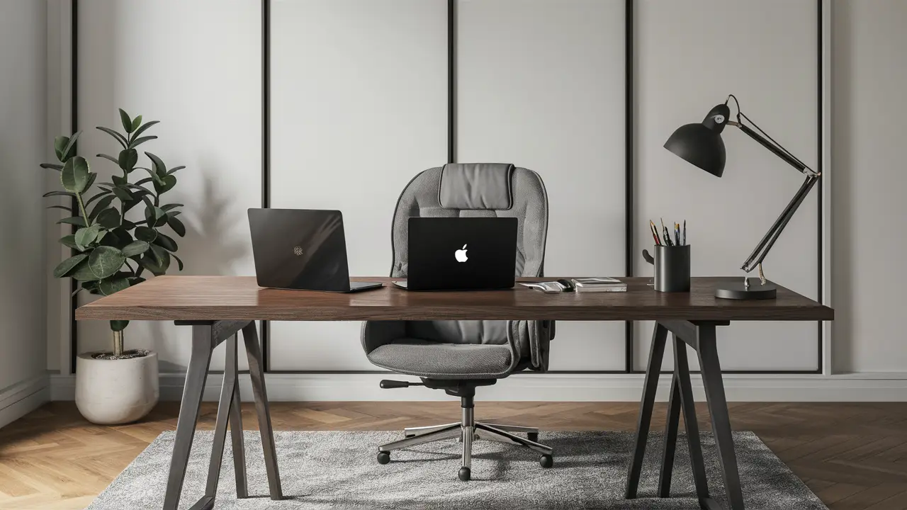 Escritório moderno com mesa de madeira, laptop mostrando interface do Notion, planta em vaso e cadeira ergonômica.