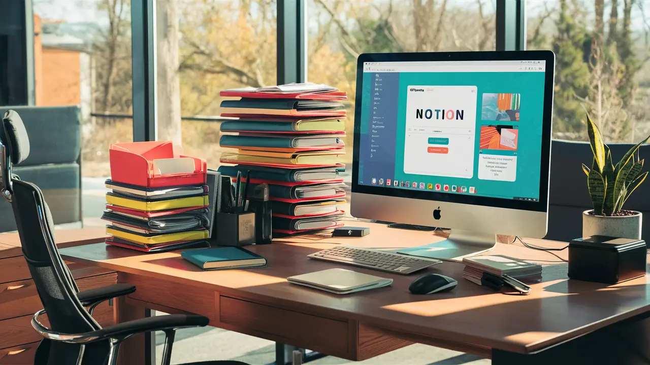 Tela de computador exibindo interface do Notion em escritório moderno, com pastas e cadernos organizados.