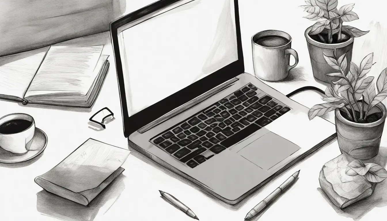 Escritório moderno com laptop exibindo Notion, xícara de café preta, caderno com caneta e planta pequena em vaso branco.
