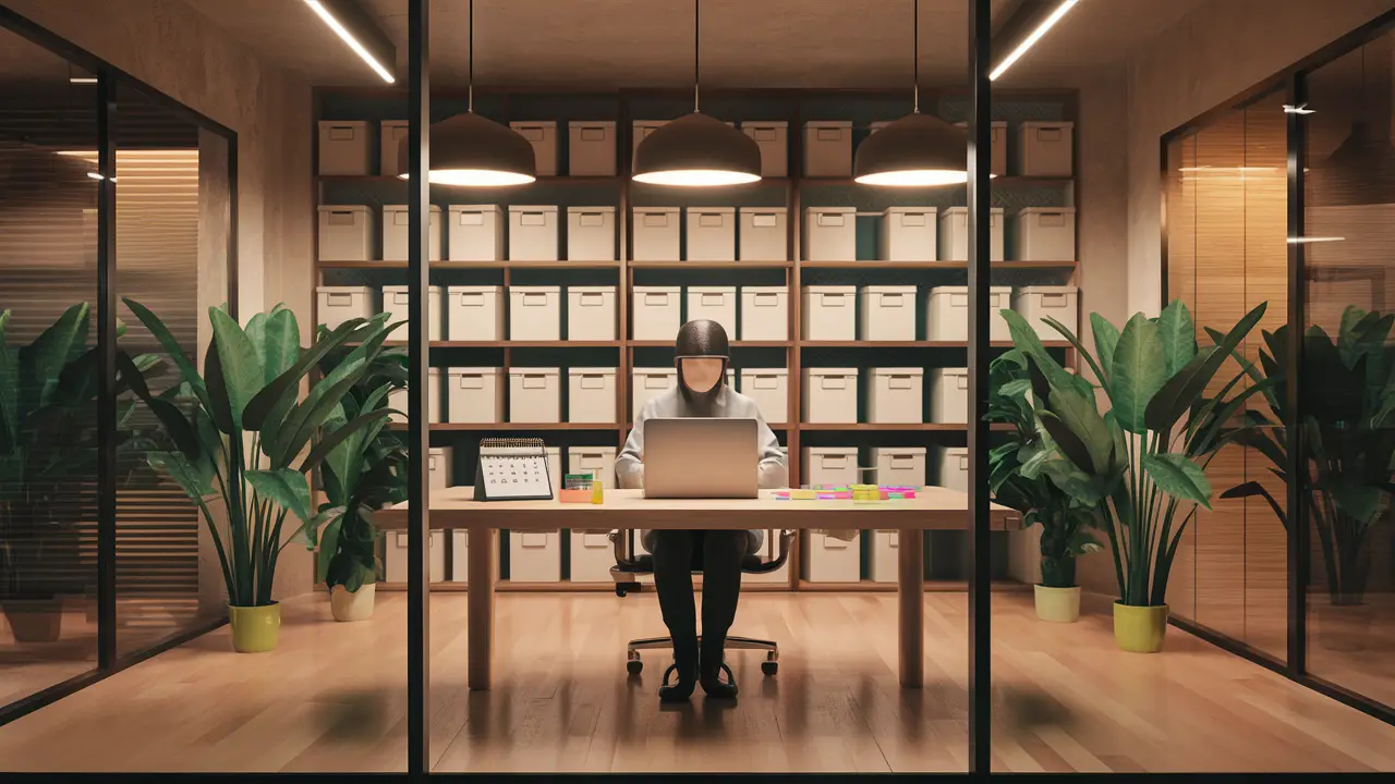 Pessoa em escritório moderno, trabalhando em mesa minimalista com laptop e notas adesivas, cercada por prateleiras organizadas e plantas.