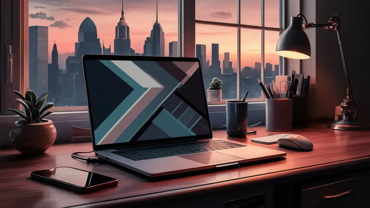 Laptop em mesa de madeira com smartphone, planta em vaso cerâmico e vista para horizonte urbano ao entardecer.