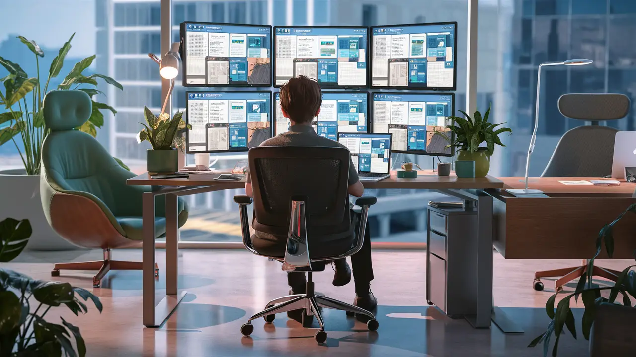 Pessoa em escritório moderno usando laptop com várias telas exibindo áreas de trabalho digitais.