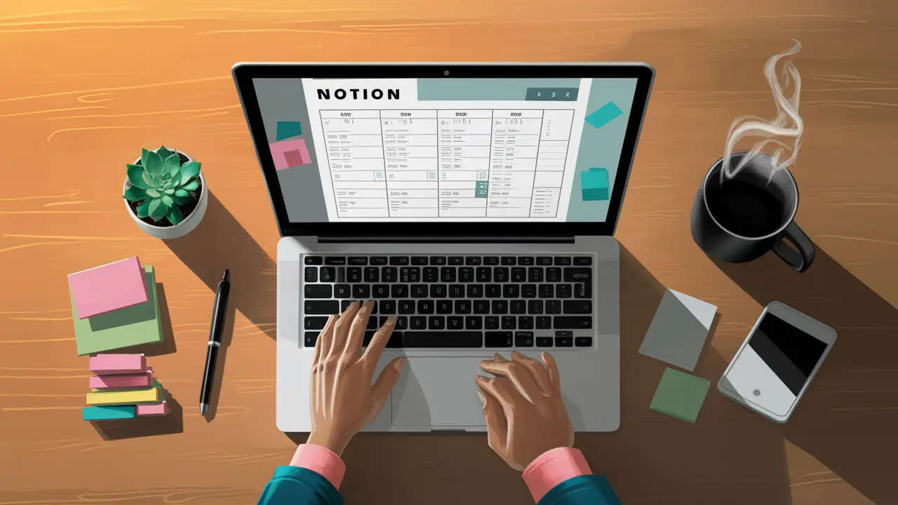 Computador portátil mostrando uma página do Notion com lista de tarefas, cercado por notas coloridas, caneca de café e planta suculenta.