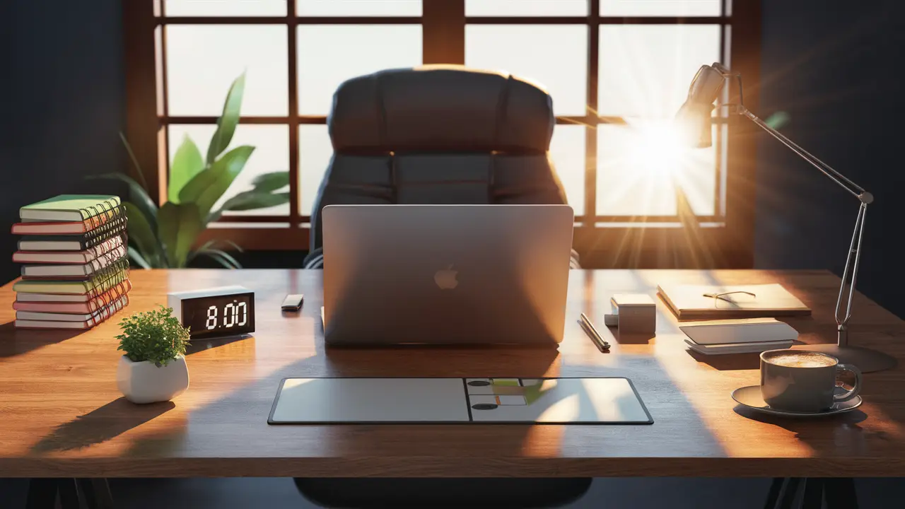 Escritório moderno com laptop aberto, relógio digital mostrando 8:00 AM, xícara de café, planta verde, e cadernos coloridos organizados.