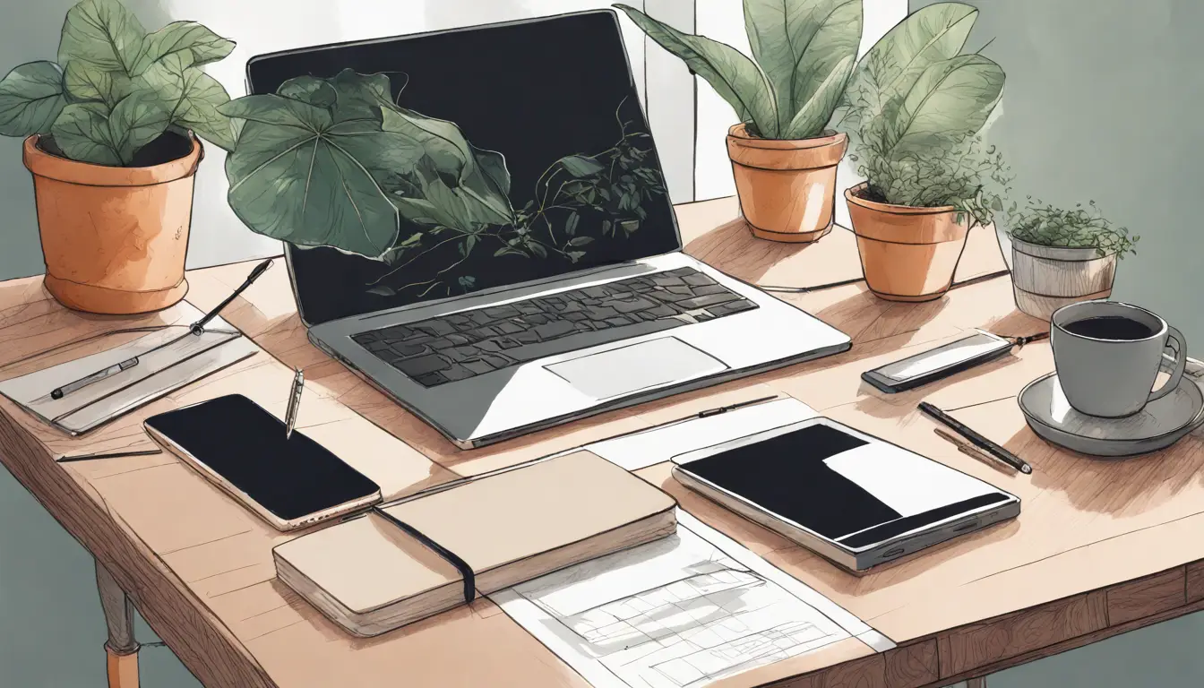 Mesa de escritório com laptop exibindo a interface do Notion, cadernos, canetas, smartphone, plantas pequenas e uma xícara de café.