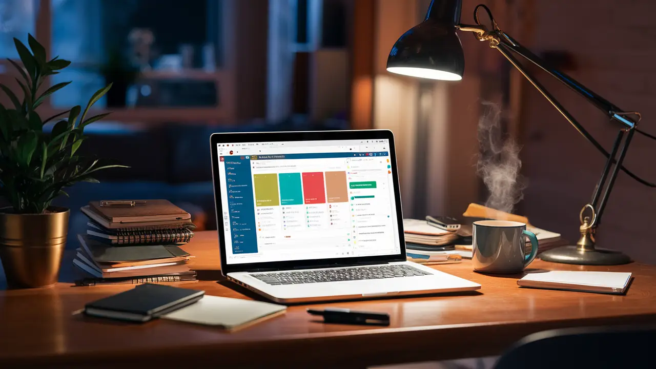 Laptop com dashboard colorido do Notion em mesa de madeira, cercado por caderno, caneca fumegante, planta e luminária elegante.
