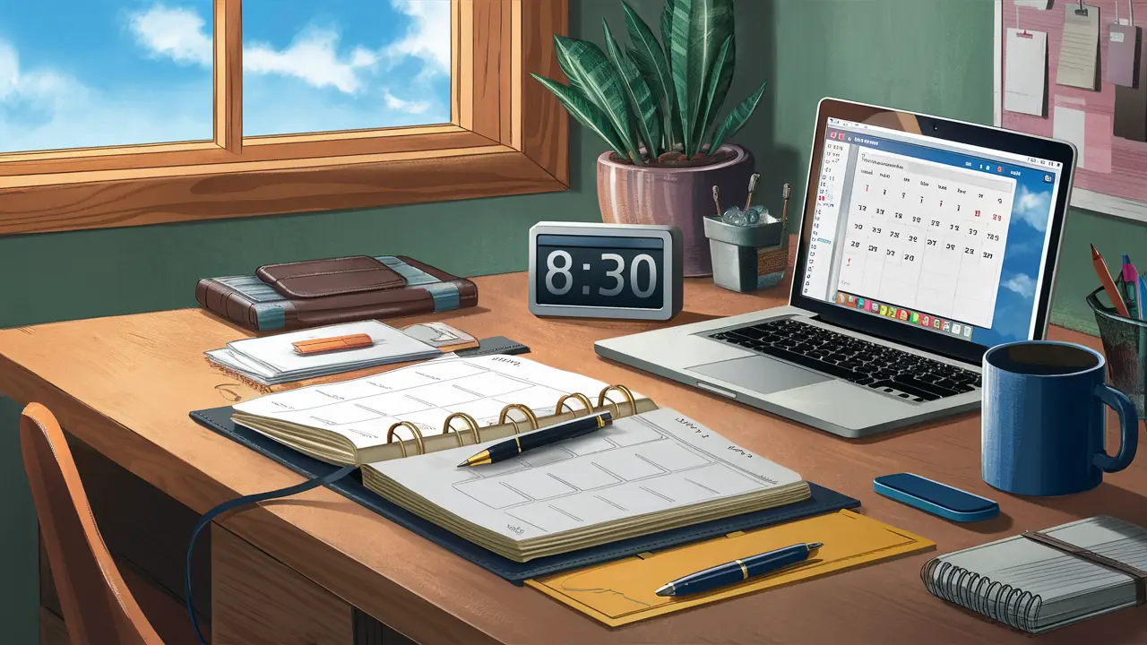 Escritório em casa com mesa, planejador, caneta, laptop com aplicativo de calendário, relógio digital, caneca de café e planta.