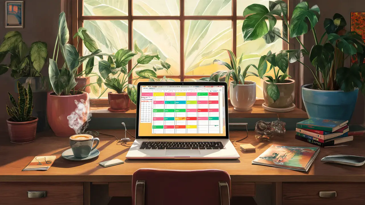 Escritório em casa com mesa de madeira, laptop com calendário, plantas, café e guias de viagem iluminados pelo sol.