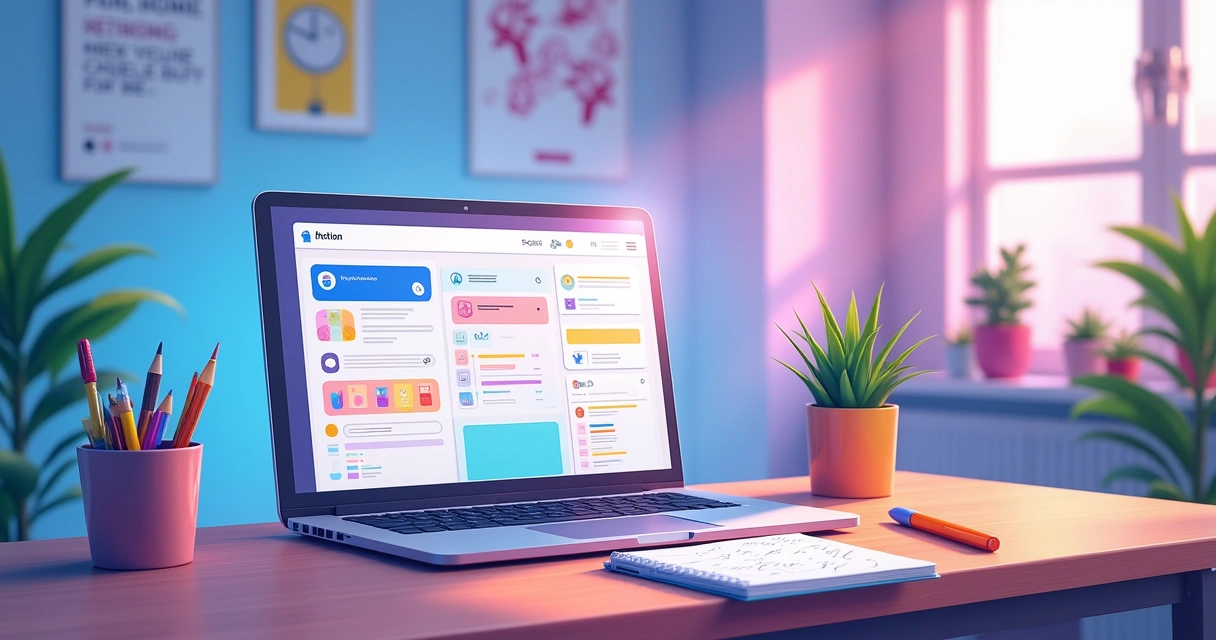 Escritório moderno com mesa organizada, laptop aberto no Notion, plantas, e luz natural.