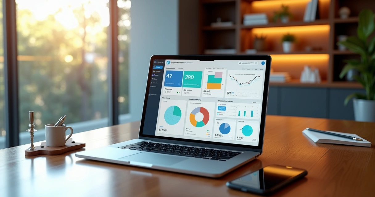 Mesa de escritório moderna com laptop aberto exibindo dashboard do Notion e elementos digitais organizados ao redor