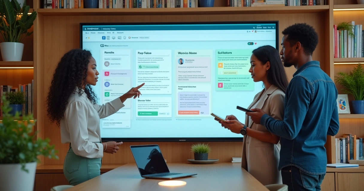 Espaço de escritório moderno com equipe colaborando em uma wiki digital em uma tela grande.