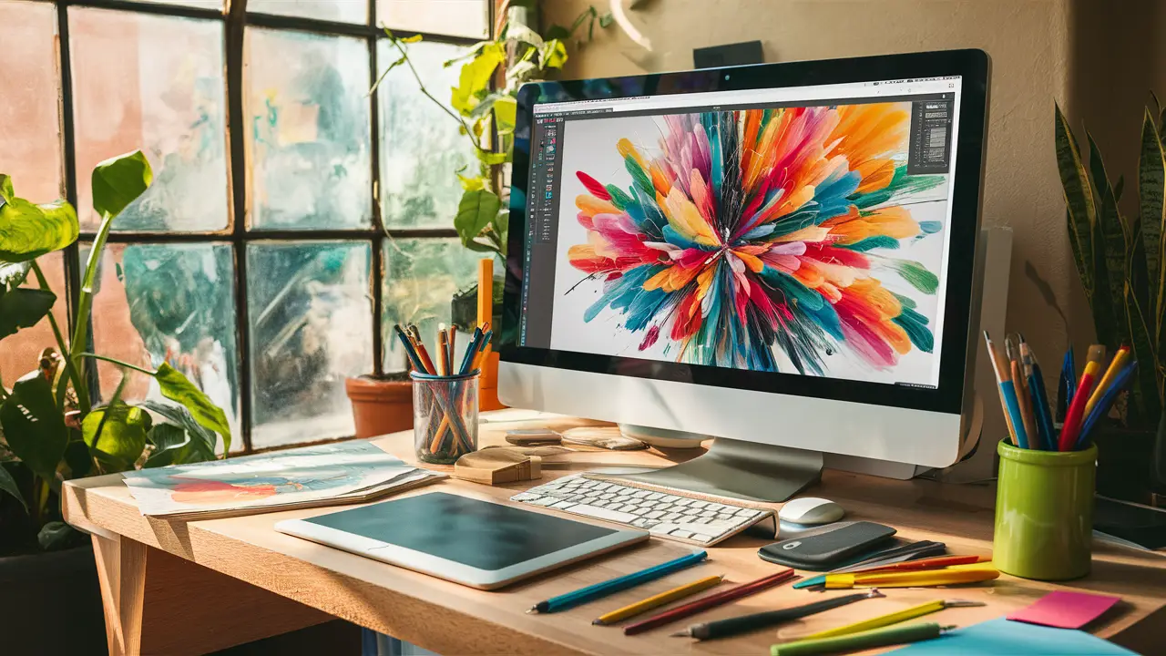 Espaço de trabalho de artista digital com tela de computador mostrando arte abstrata e ferramentas de pintura espalhadas.