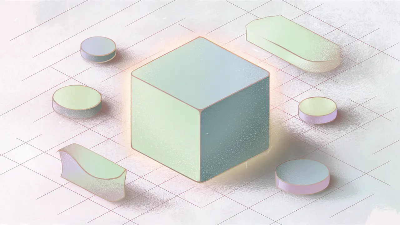 Espaço de trabalho digital com cubo grande e semitransparente cercado por formas geométricas menores em cores pastel.