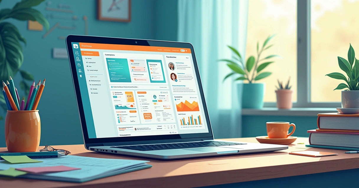 Interface do Notion em um laptop aberto em um ambiente de trabalho criativo.