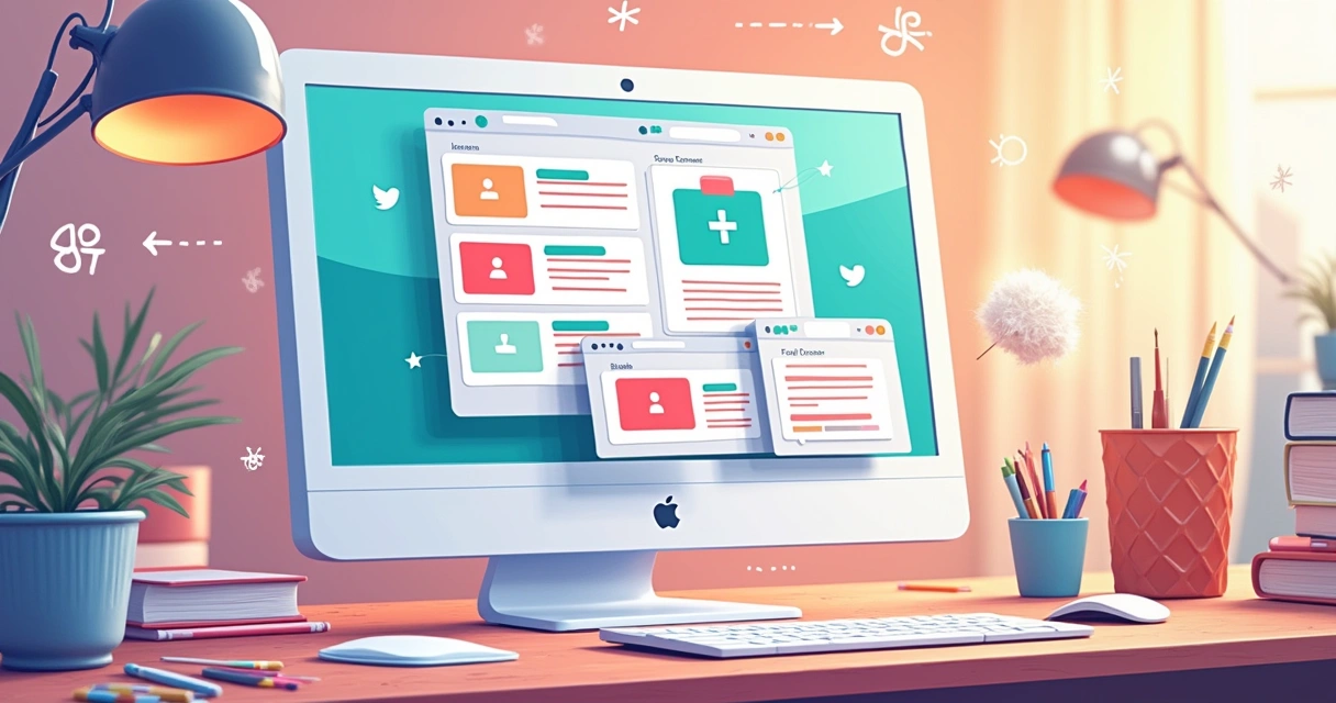 Ilustração de um espaço de trabalho digital com uma tela mostrando a interface do Notion.