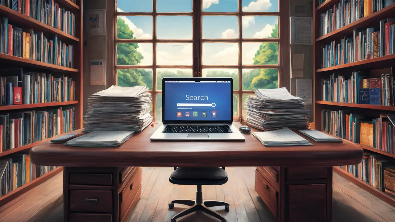 Espaço de trabalho com mesa de madeira, laptop com barra de busca, prateleiras de livros coloridos e janela ensolarada.