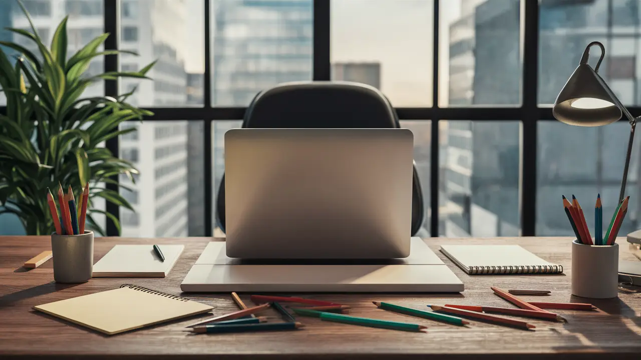 Espaço de trabalho moderno com laptop, bloco de notas e lápis coloridos sobre mesa de madeira.