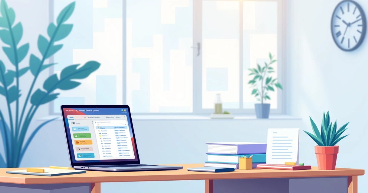 Ilustração de um espaço de trabalho moderno com atalhos de teclado do Notion em um laptop.