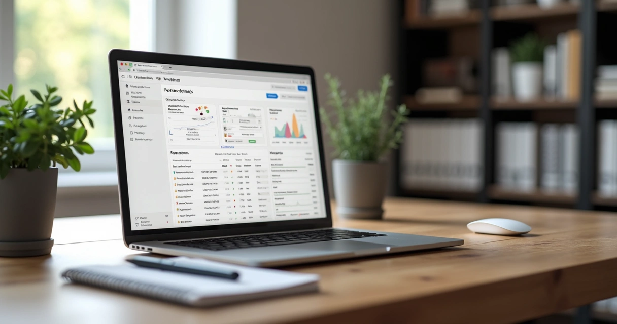 Mesa de trabalho moderna com laptop aberto mostrando dashboard do Notion em tela grande