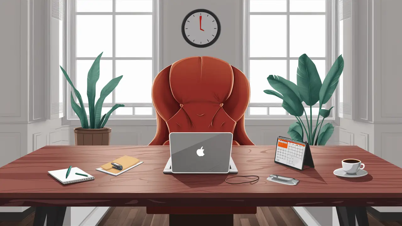 Espaço de trabalho organizado com mesa de madeira, laptop, xícara de café, bloco de notas, planta e relógio na parede.