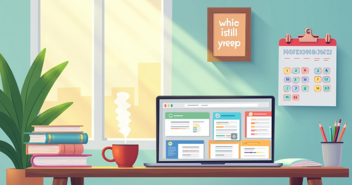 Espaço de trabalho aconchegante para planejamento anual com Notion, laptop aberto e decoração inspiradora.
