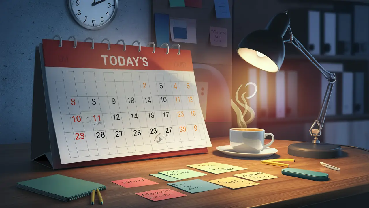 Calendário grande, café, laptop e notas adesivas em uma mesa de escritório iluminada por abajur.