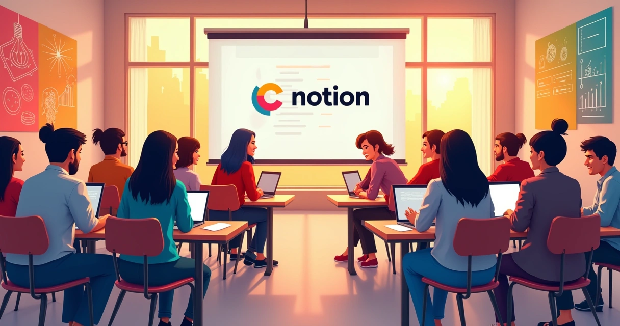 Pessoas participando de evento presencial de Notion em ambiente moderno com cartazes e laptops