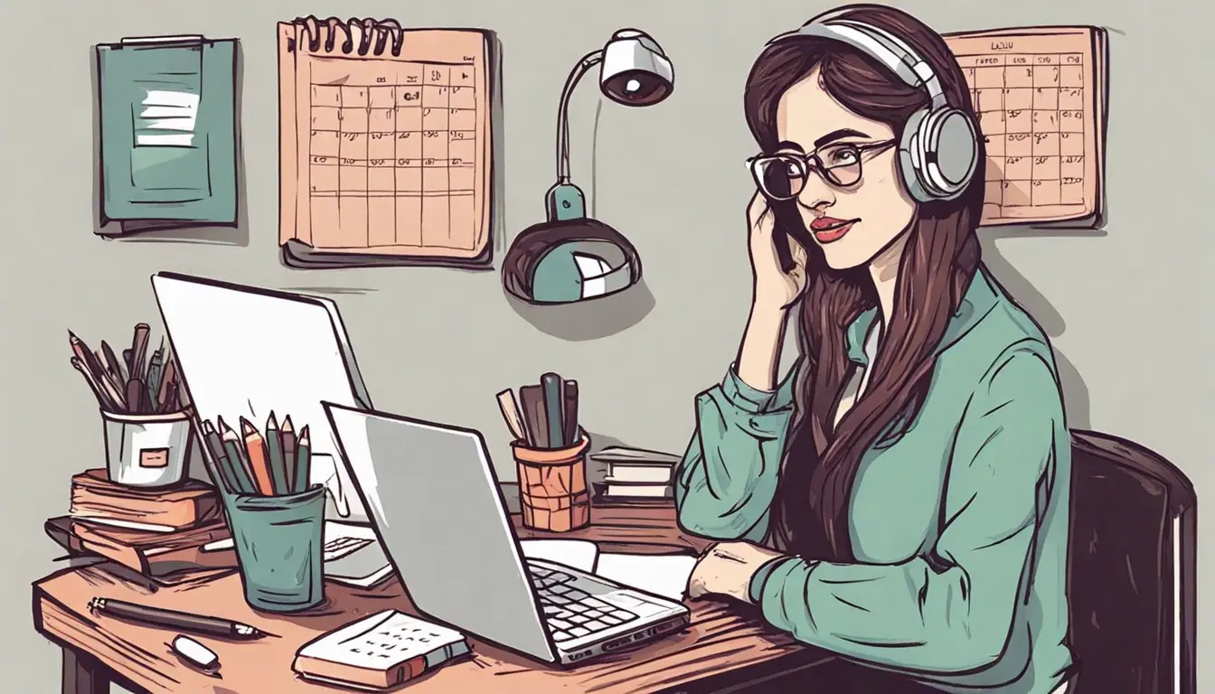 Pessoa em uma mesa de escritório com laptop e cercada por relógios, enquanto um ladrão caricatural tenta pegar um relógio de pulso.