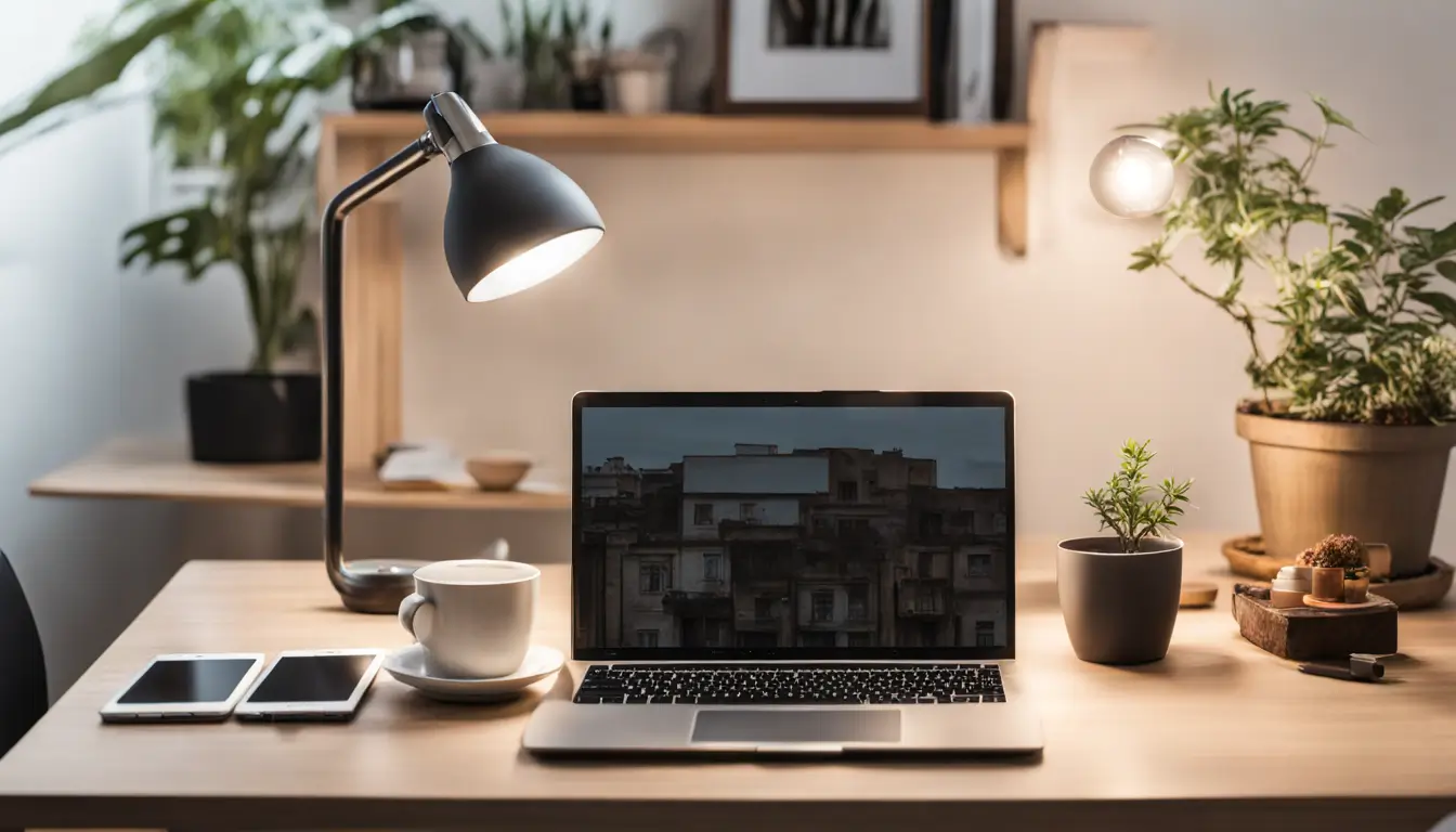 Ambiente de escritório moderno com laptop exibindo Notion, cadernos, canetas, xícara de café, smartphone e planta, representando empreendedorismo digital.