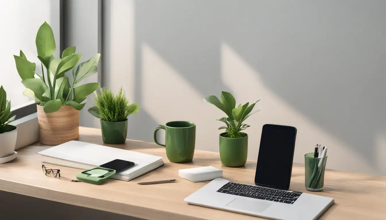 Imagem aérea de uma mesa de trabalho com notebook apresentando template personalizável, complementada por acessórios de escritório, ideal para incrementar produtividade.