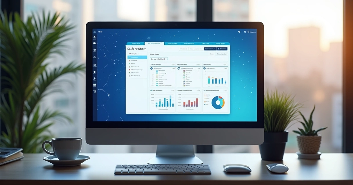Computador moderno exibindo formulário interativo no Notion com gráficos e automações visíveis na tela