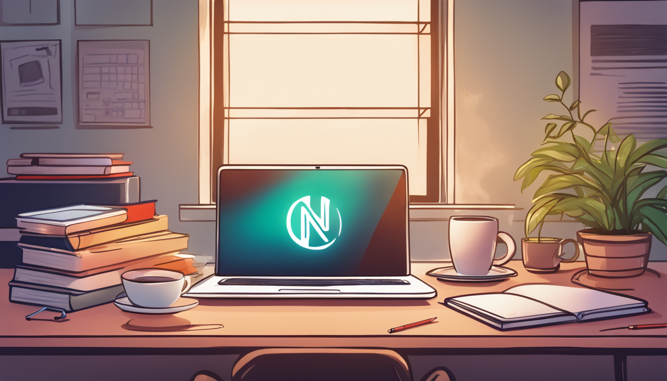 Imagem de um ambiente de trabalho produtivo com um laptop exibindo o logo do Notion, uma xícara de café, uma pequena planta e uma pilha de livros, tudo iluminado por uma luz de mesa aconchegante.