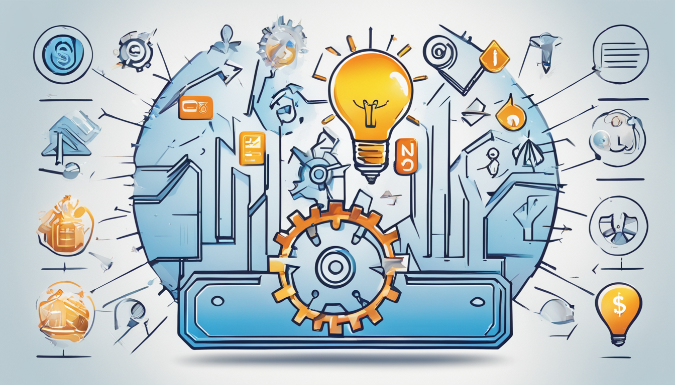 Logotipo do Notion e ícones representativos para crescimento, ideias, operações e finanças, todos em metal brilhante contra um fundo azul, simbolizando a melhoria da performance do negócio com a Consultoria Notion.