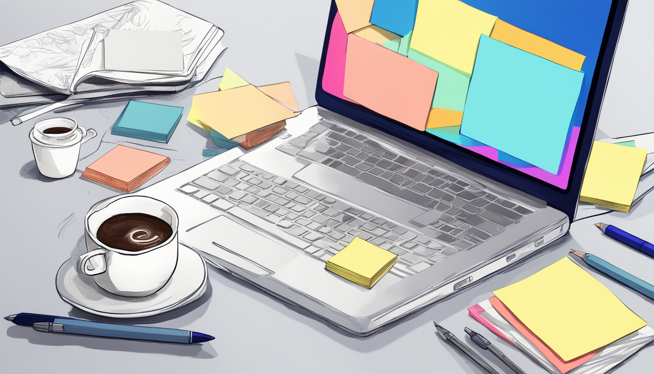 Imagem de um laptop prateado com o aplicativo Notion aberto, uma caneta azul, uma pilha de notas adesivas coloridas e uma caneca de café branca, todos sob uma luz branca suave.