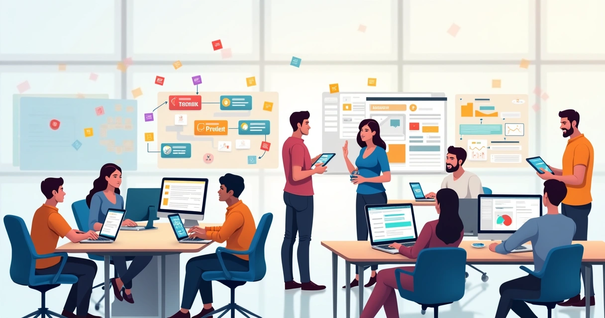 Equipe de tecnologia organizando tarefas em computadores e dispositivos digitais em ambiente de escritório moderno