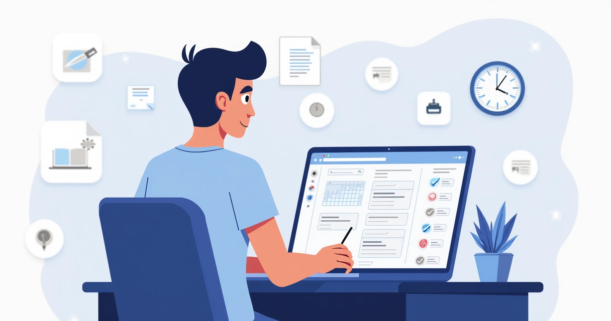 Ilustração plana corporativa de pessoa estudando em laptop com interface do Notion mostrando organização de aulas online e tarefas de estudo