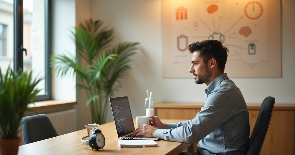 Profissional em escritório equilibrando trabalho com bem-estar e foco