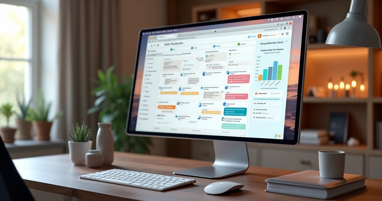 Tela moderna do Notion exibindo calendário, tarefas organizadas e templates personalizados em interface limpa e elegante