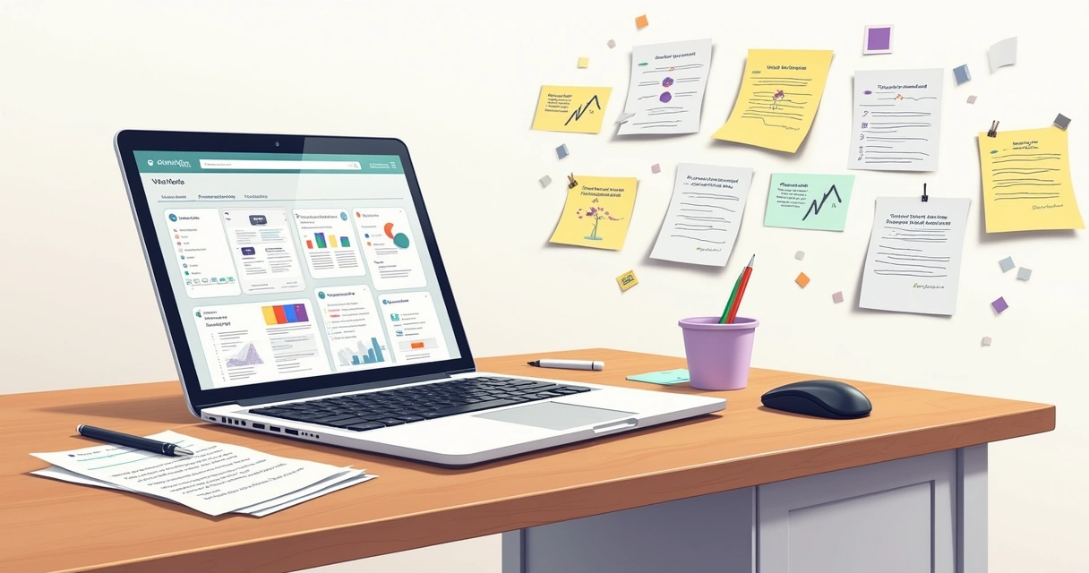 Mesa de trabalho com laptop aberto no Notion, telas mostrando controle de versões e templates organizados, com papéis e anotações ao redor
