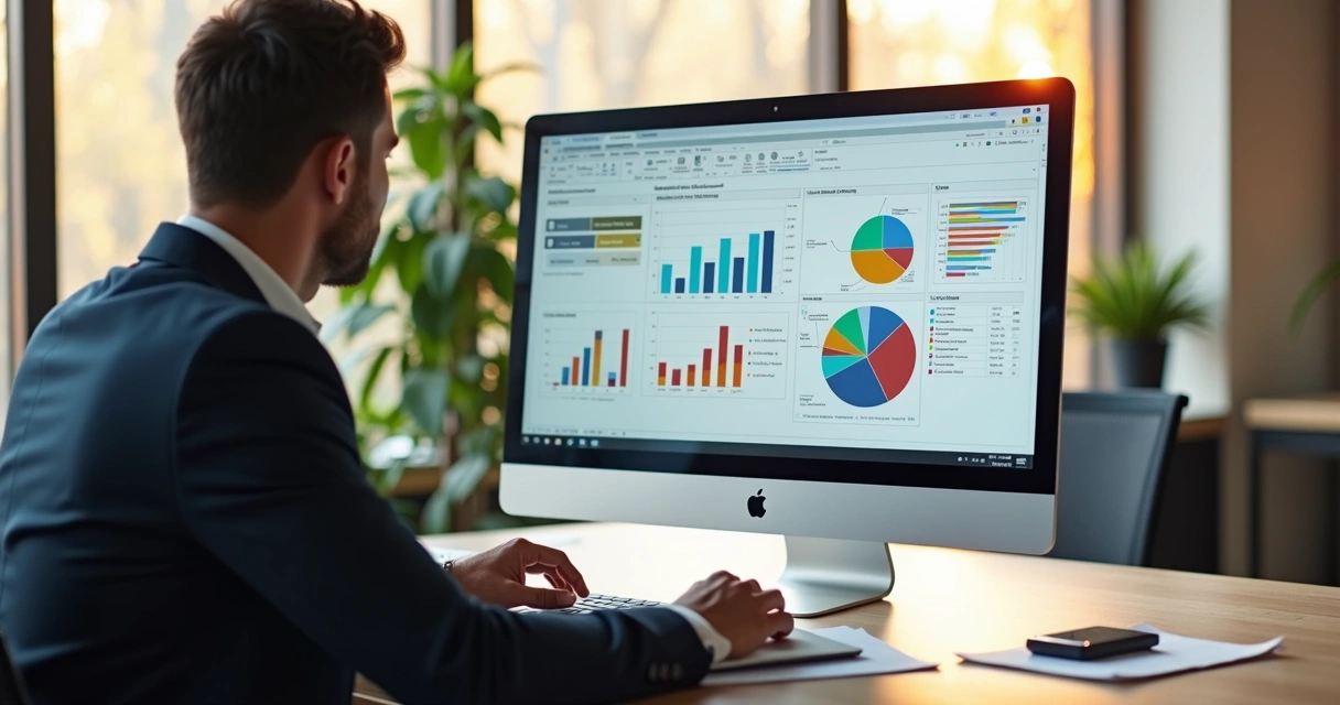 Gestor analisando gráficos de desempenho e fluxos de trabalho em tela de computador em escritório moderno