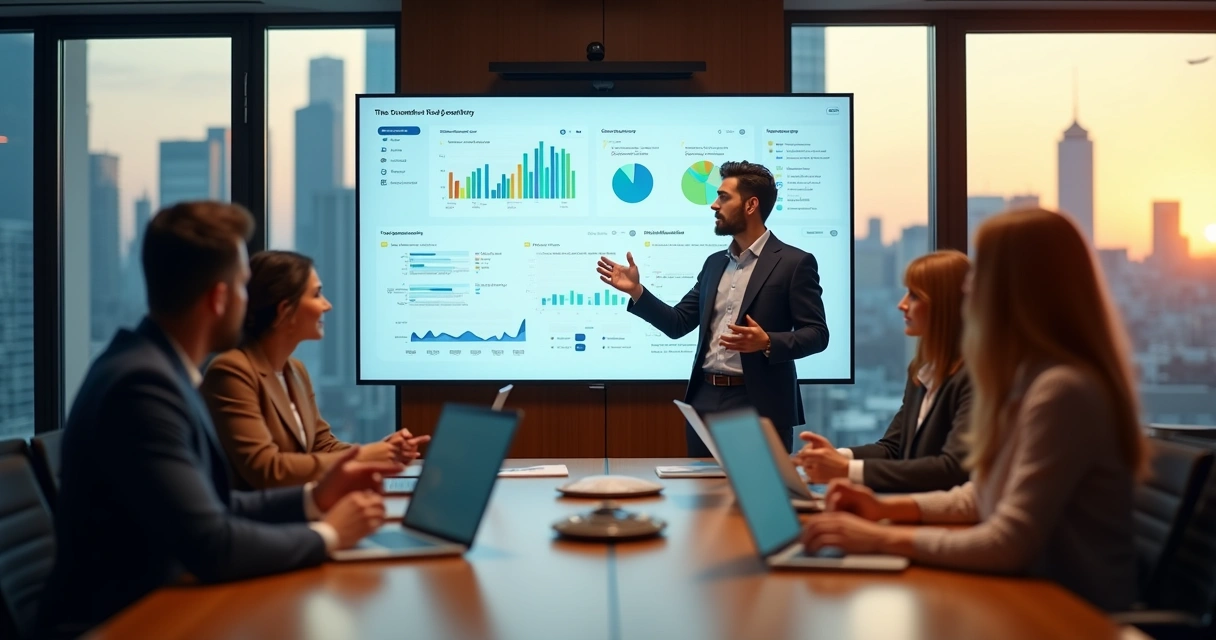 Gestor em sala de reunião liderando equipe com painel digital de produtividade ao fundo