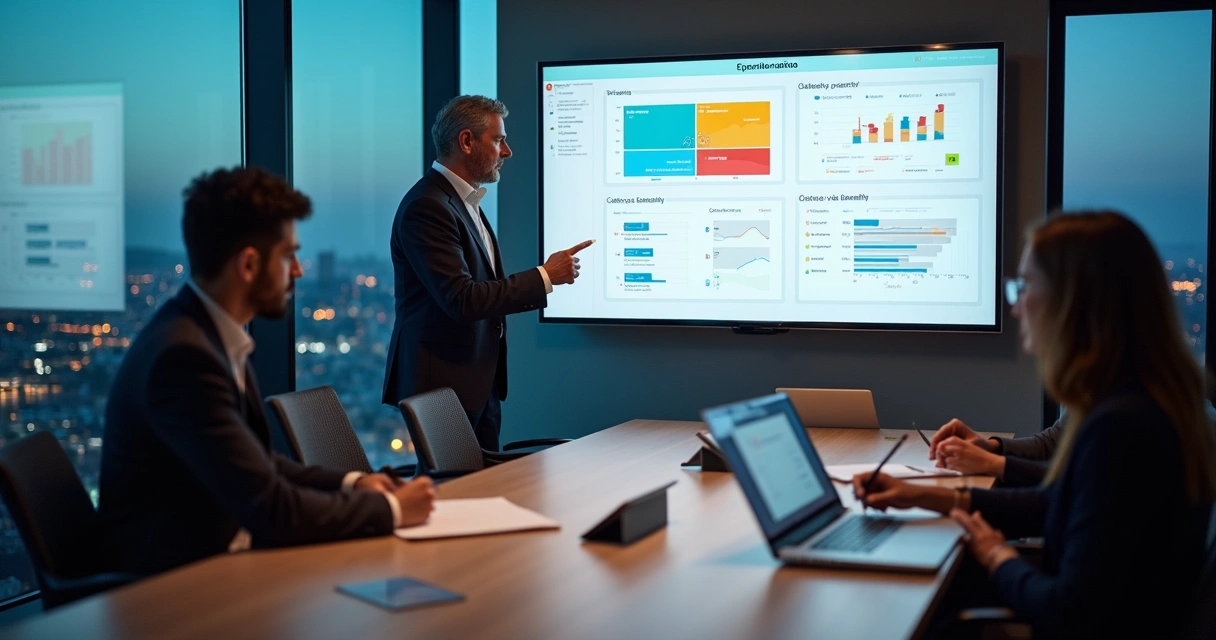 Gestor analisando prioridades operacionais em painel digital com gráficos e matriz de tarefas